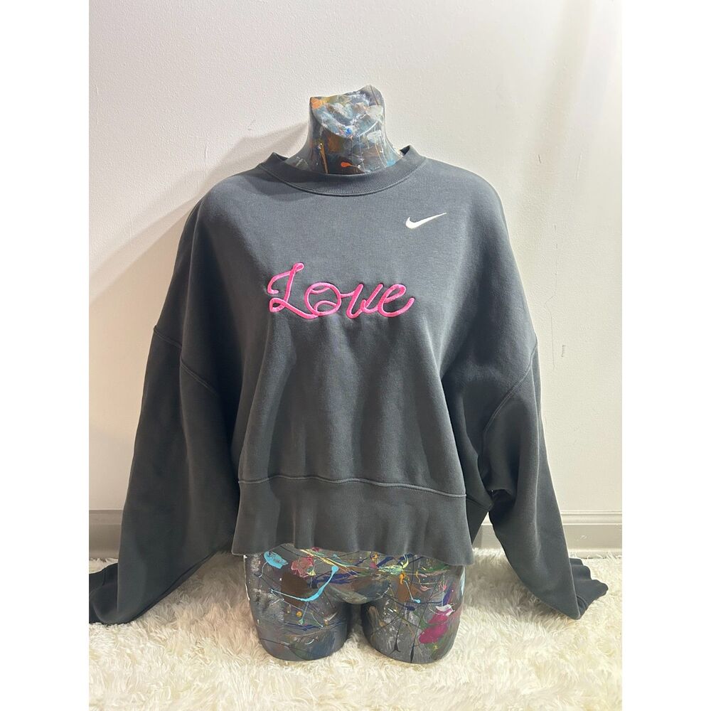 Nike Womens Size S Washed Charcoal Gray Cropped Fleece Sweatshirt Love Swoosh